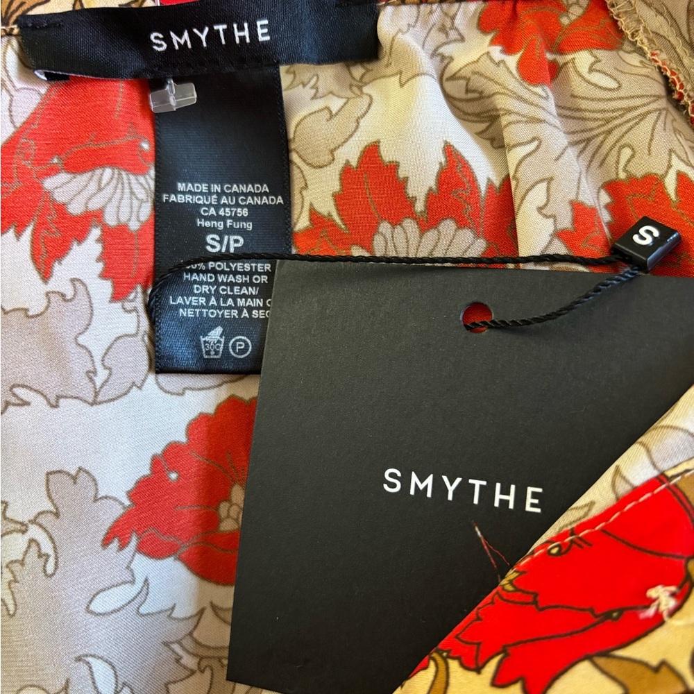 SMYTHE Poppy Print Shirred Pocket Blouse in Red and Tan - Picture 4 of 9